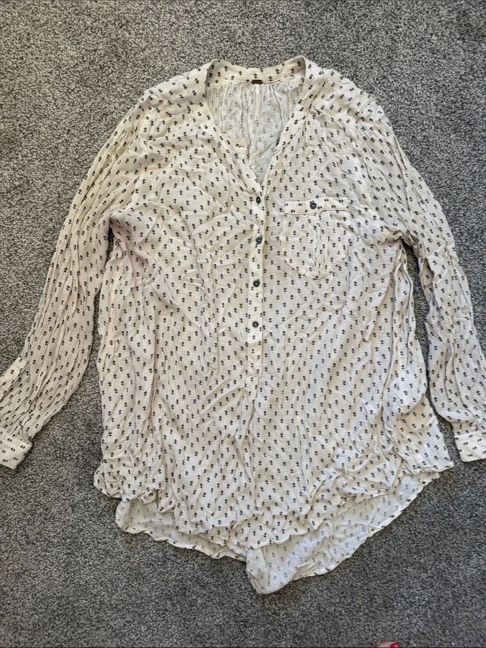 Free People Cream Button-Up Shirt with Navy Micro Print